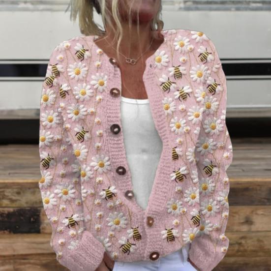 Women Sweater Cardigan Round Neck Long Sleeve 3D Flower Pattern Button Up Knit