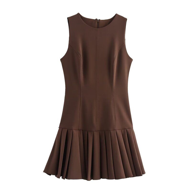Fashion Style 2024 Fall and Winter New Women's Wide Pleated Mini Crew Neck Casual Sleeveless Dress 4764266