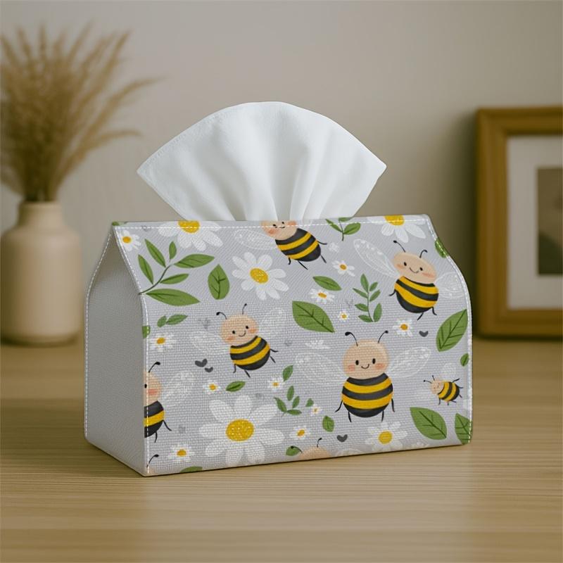 1pc Cute Playful Pattern Tissue Box with Bee Daisy Green- Napkin Storage Organizer for Kitchen, Car, Elegant Decorative Box, Purpose for Living Room,