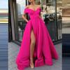 Women's Dress Deep V - Neck, Satin, Multi Color, High Slit Evening Gown Long Gown with Off Shoulder Design and High Slit Skirt