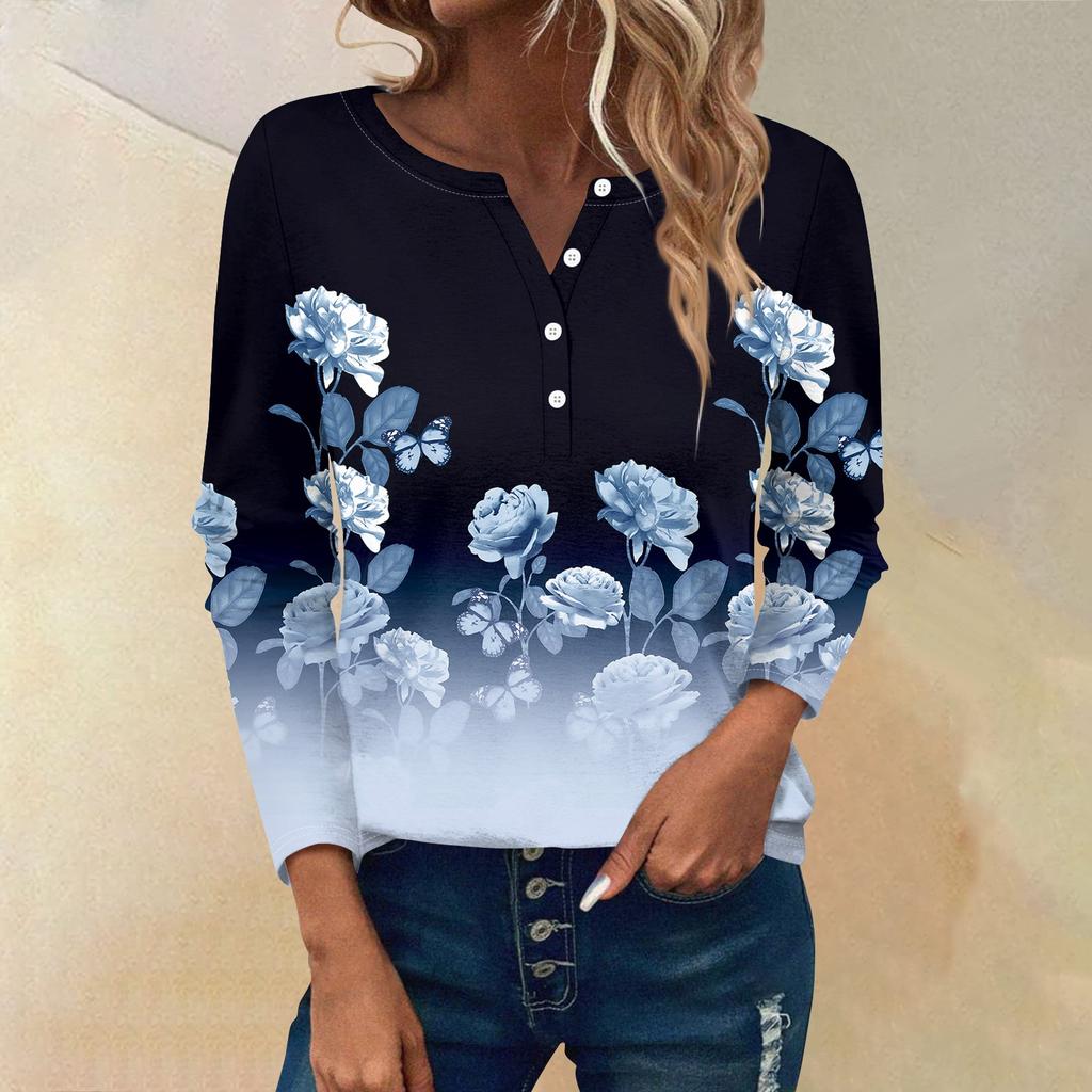 Женские футболки с длинным рукавом и пуговицами, повседневные туники с V-образным вырезом, женские повседневные топы