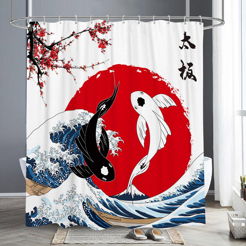Ветка цветущей красной сливы Японская китайская занавеска для душа Восточное солнце Туманные горы Чернила Природа Пейзаж Ванная комната Искусство Шторы