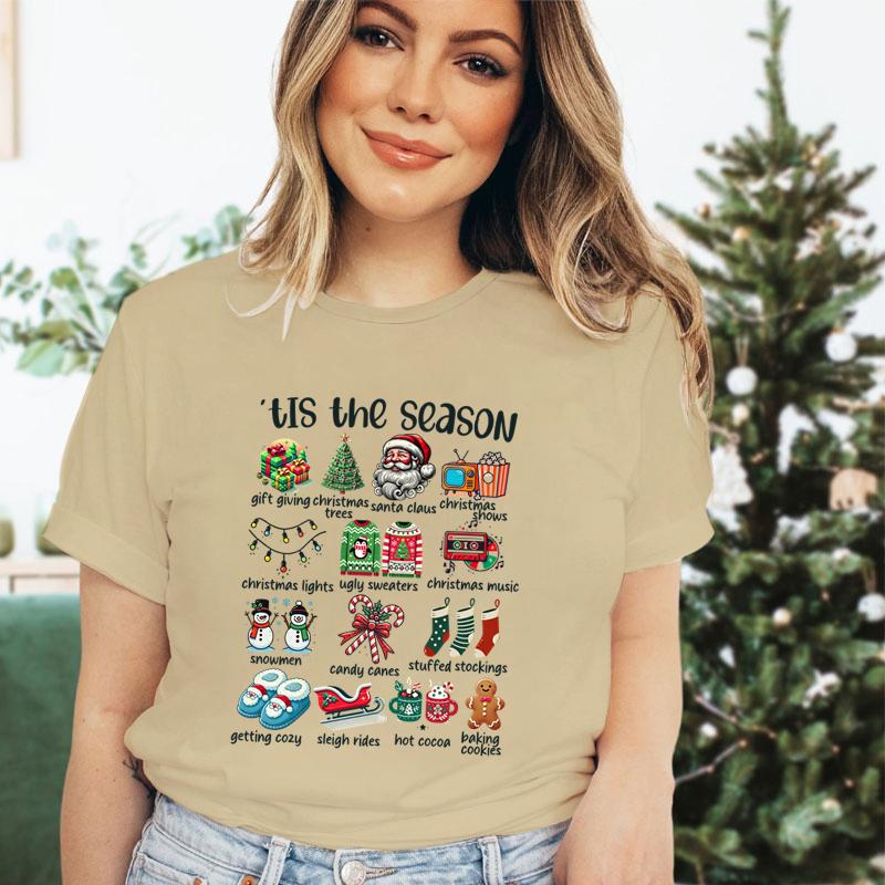 Retro Christmas Season Design TShirts Clothing Women Christmas Print Short Sleeve Tshirt Tops Oversized Tshirt Women Clothing