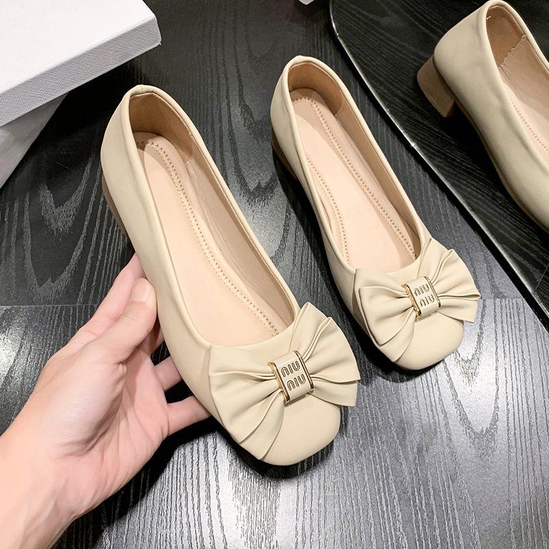 Women's Single Shoes Spring New Soft Sole Shallow Mouth Bow Pedal