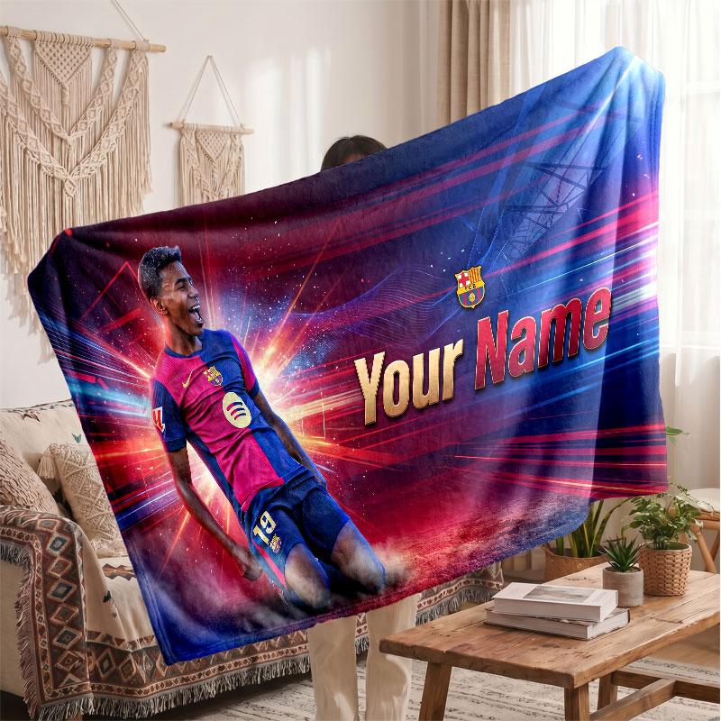 Lamine Yamal Personalized Fleece Blanket With Football Logo, Custom Name Text Soft Warm Home Throw Blanket