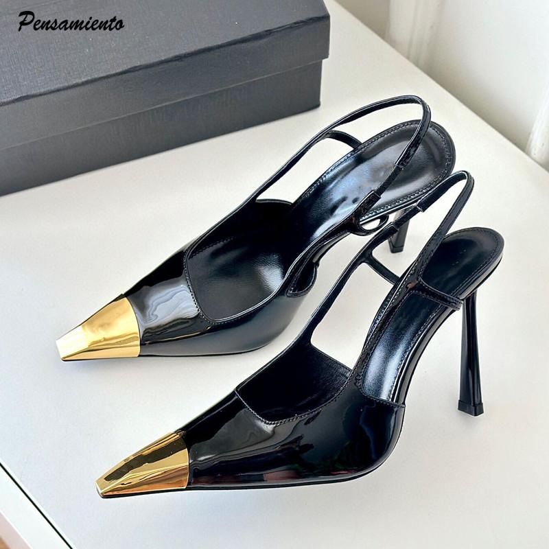 Fashion New Patchwork Gold Black Sandals Metal Square Toe Stiletto High Heels Slingback Sexy Spring Summer Women Pumps 2024 New Trend