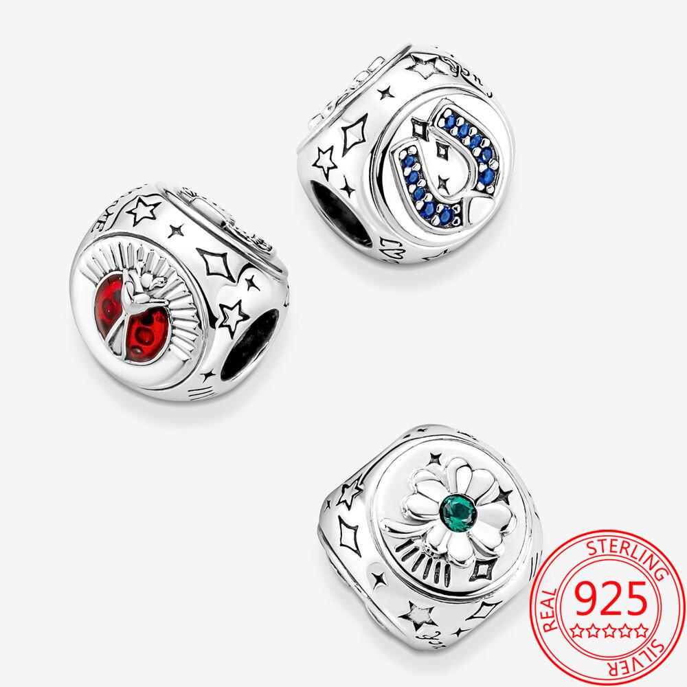 Real New S925 Sterling Silver Clover ,Horseshoe and Ladybug Three Sided Charm Fit Fashion Bracelets Diy Jewelry Gifts for Girls