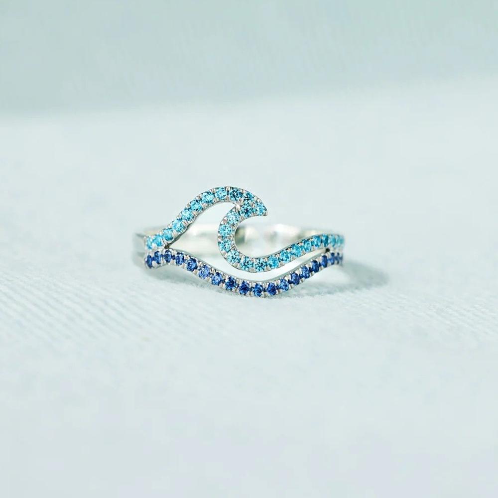 Cubic Zirconia Blue Double Wave Ring Simple Design Sea Wave Adjustable Rings Trendy Ocean Surf Jewelry Gift Wholesale