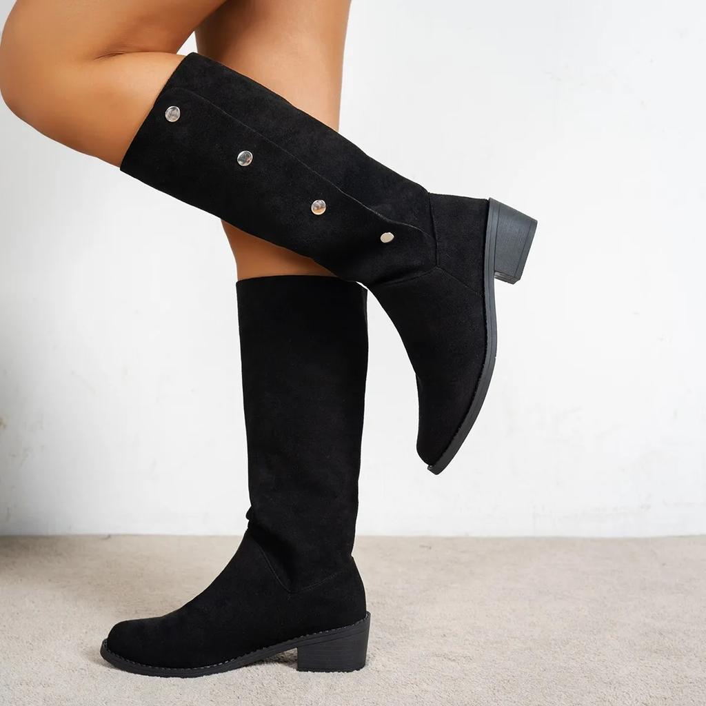 Винтажные ковбойские сапоги с острым носком на пуговицах, женские осенние сапоги с квадратным носком и толстым каблуком, высокие сапоги из замши и ткани, длинные