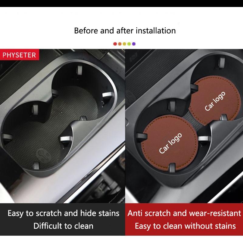 VEDB9 2PCS Car Non Slip Water Cup Pad Leather Coasters Mat For Ford ST Racing RS S Mustang Kuga Fiesta Fusion Mondeo Edge Ranger S-Max