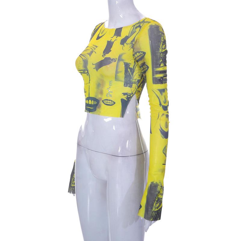 Женская повседневная футболка с длинным рукавом, модная сетчатая пряжа с принтом, топы с открытым пупком и разрезом