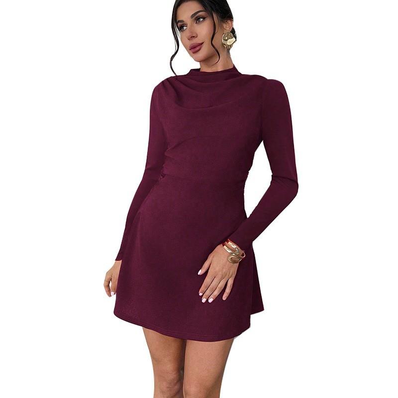 European American Fashionable Slim Long-sleeved Dress Half-high-neck Elastic A-line