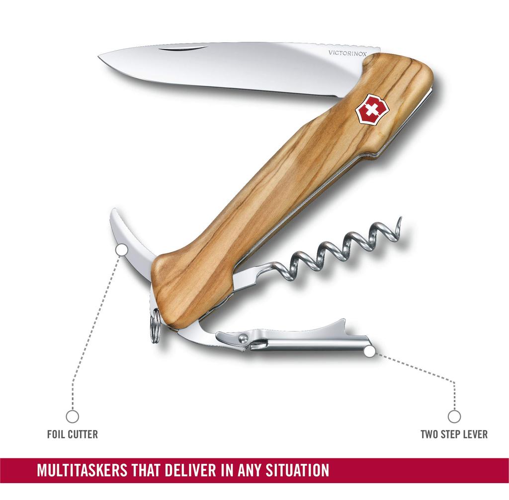 VICTORINOX Wine Master Olive Wood Sommelier Knife Wine Opener Corkscrew with Exclusive Leather Pouch Swiss Made with 6 Functions Multi-Tool []