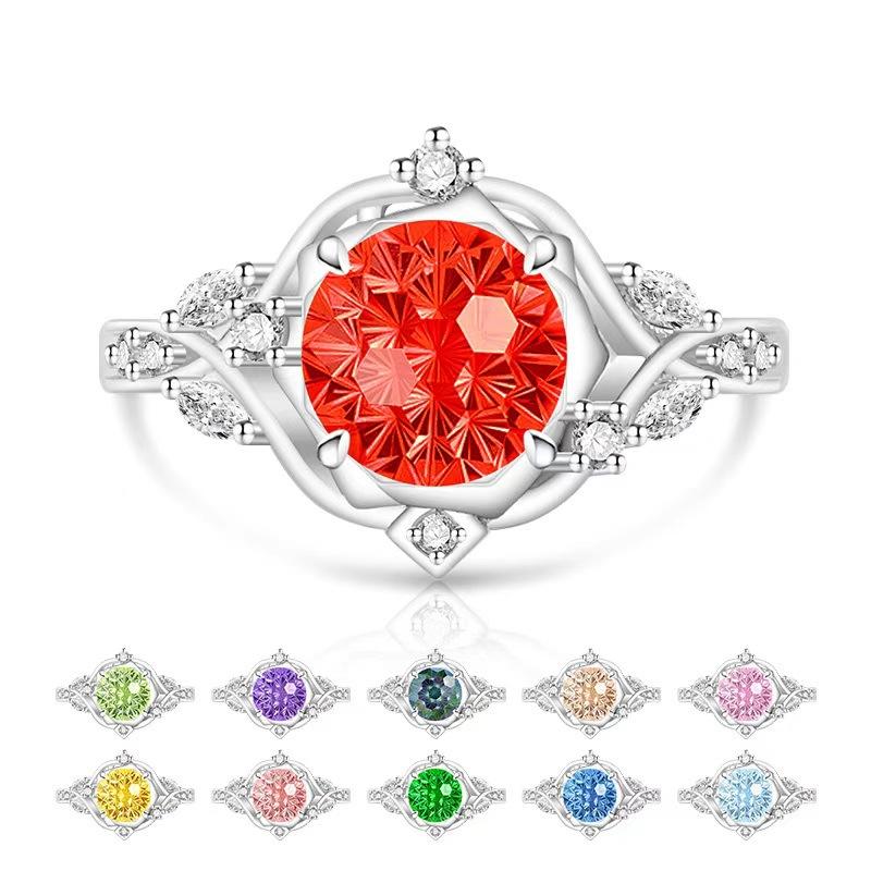 925 Sterling Silver Firework Cut Vine Colored Gemstone Ring Inlaid High Carbon Diamond Gold Plated Bud Ring for Women Drop Shipping