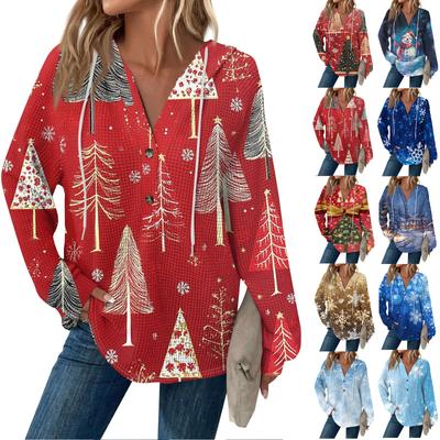 Женская модная повседневная толстовка с длинным рукавом, завязками на пуговицы, V-образным вырезом, капюшоном и рождественским принтом