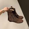 2024 Fashion Casual Rivets Mid Calf Flats Retro Fringe Round Toe Boots Flock Women Tassels Short Boots Plus Size