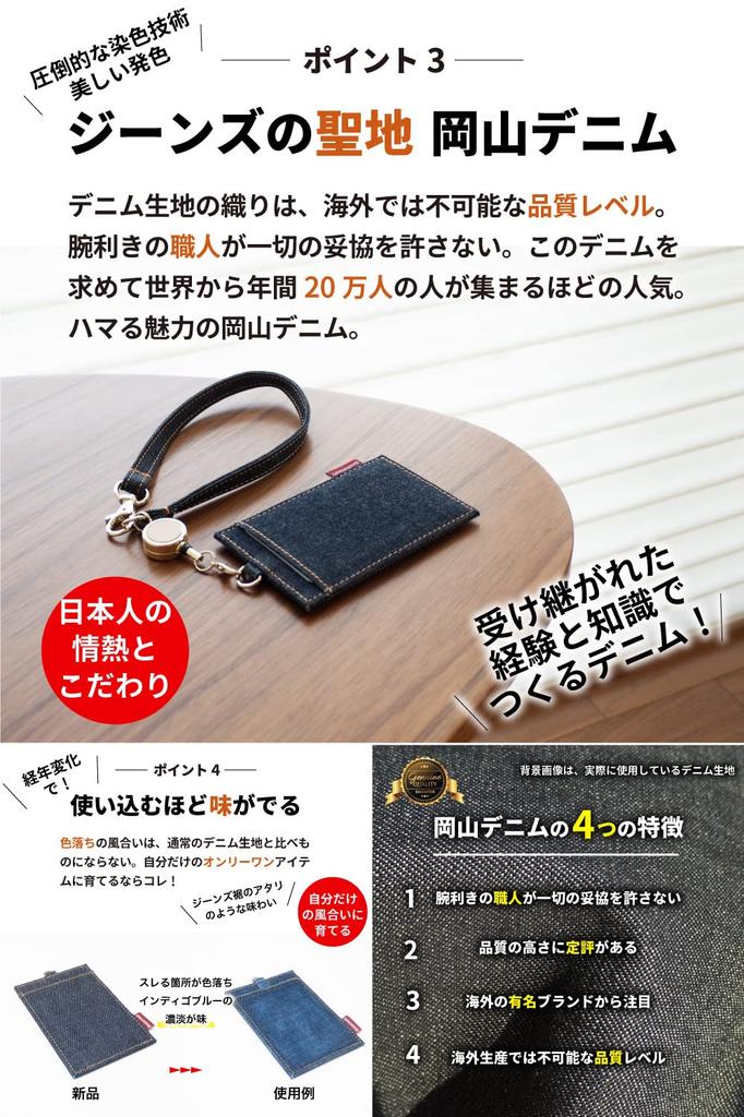 Чехол для пропуска с катушкой Okayama Denim Commuter Pass ID Card Holder Indigo Blue [Need Network] для мужчин