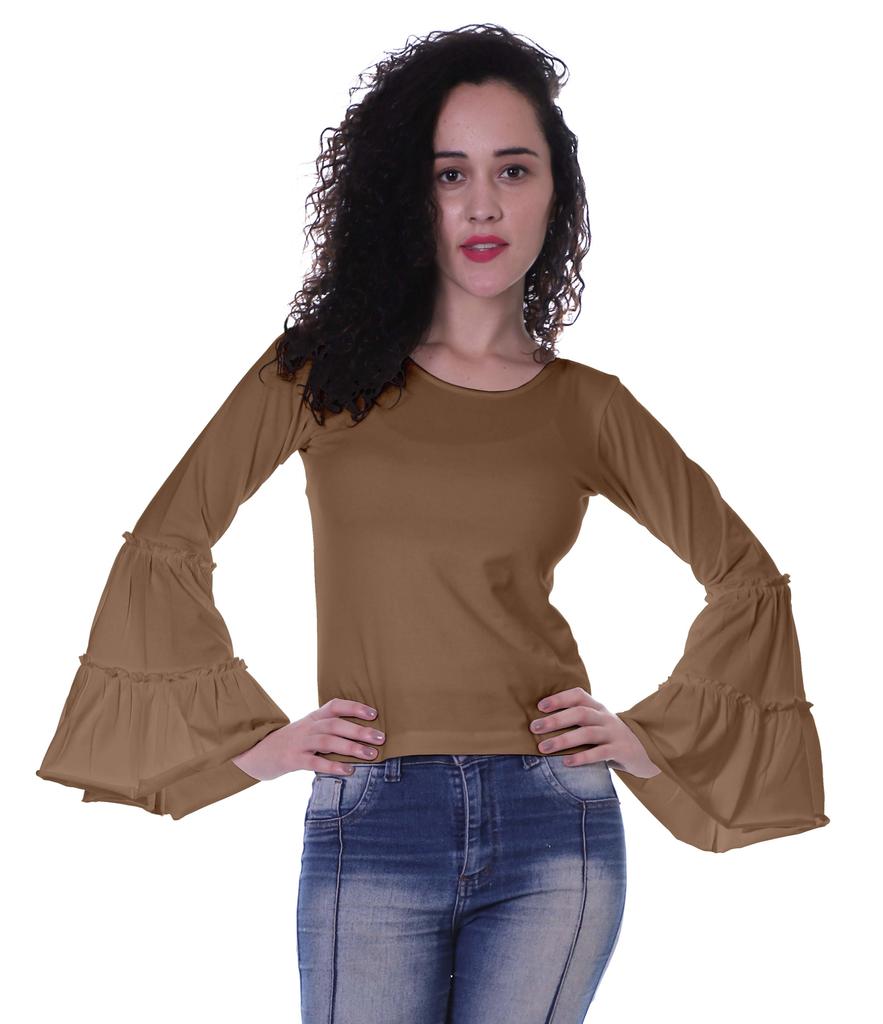 Moomaya Womens Long Bell Sleeves Tshirt Top Round Neck Plain Casual Fit Summer Tee