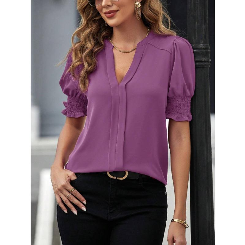 Summer Women's Shirt V-neck Temperament Bubble Sleeve Solid Colour Shirt Short Sleeve Top