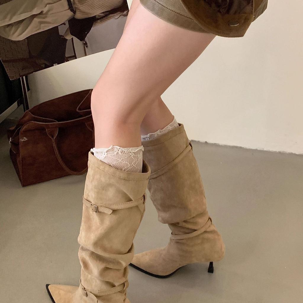 French Fashion Belt Buckle High-heeled Boots 2025 Autumn and Winter New Pleated Piled Boots Pointed Suede Boots Women