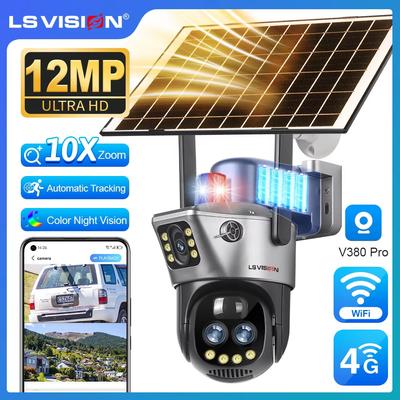 LS VISION 12 МП Двухэкранная 4G Солнечная Камера 10X Зум Уличная 6K WiFi PTZ Сигнализация Красный Синий Свет Автослежение Камеры видеонаблюдения V380 Pro