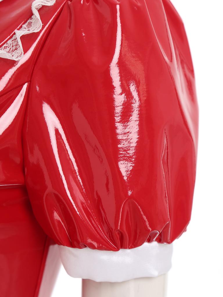 Женский костюм французской горничной, атласное платье-макси с лацканами, кружевной отделкой и короткими рукавами, ПУ с эффектом мокрого блеска