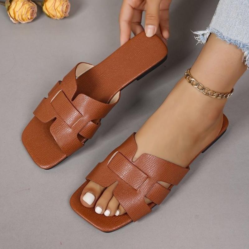 Large Size Women's Summer New 3 Women's Square Head Flat Bottom One-word Drag Lazy Drag White