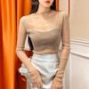 Women T Shirt See Through Transparent Mesh Tops Long Sleeve Sheer Slim Female Turtleneck Bright Silk T-Shirt Lace Crop Top