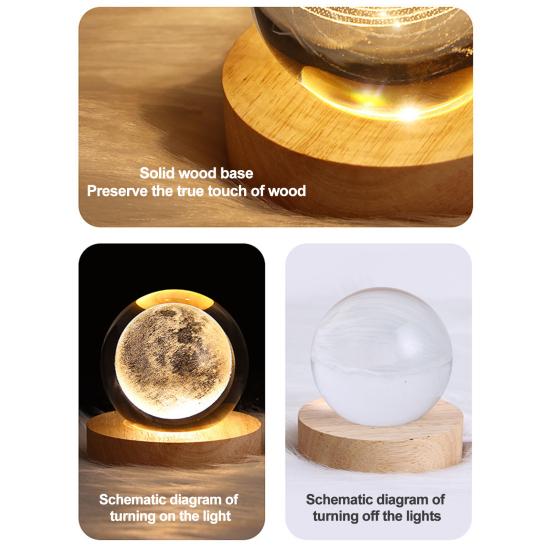 Ночной светильник из искусственного хрустального шара с деревянной основой, 3D-гравировка Солнечной системы, планета, прозрачная сфера