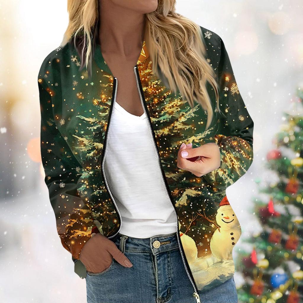 Женская легкая короткая куртка с длинными рукавами на молнии с принтом, повседневная стеганая куртка с карманами, рождественская