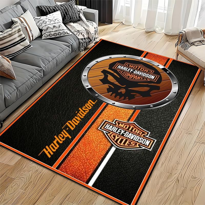 Area Rug, Harley Davidson Motorcycles Wood Skull Round Logo Leather Orange Stripes Biker Art Print, Man Cave Decor, Non-Slip Mat