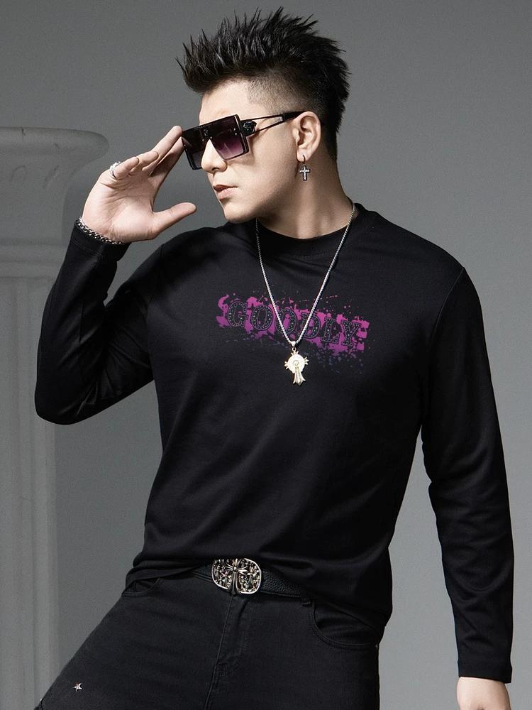 European Style Trendy Beaded Print Round Neck T-Shirt Men's 2025 New Autumn Long-Sleeve Base Shirt Men's Top
