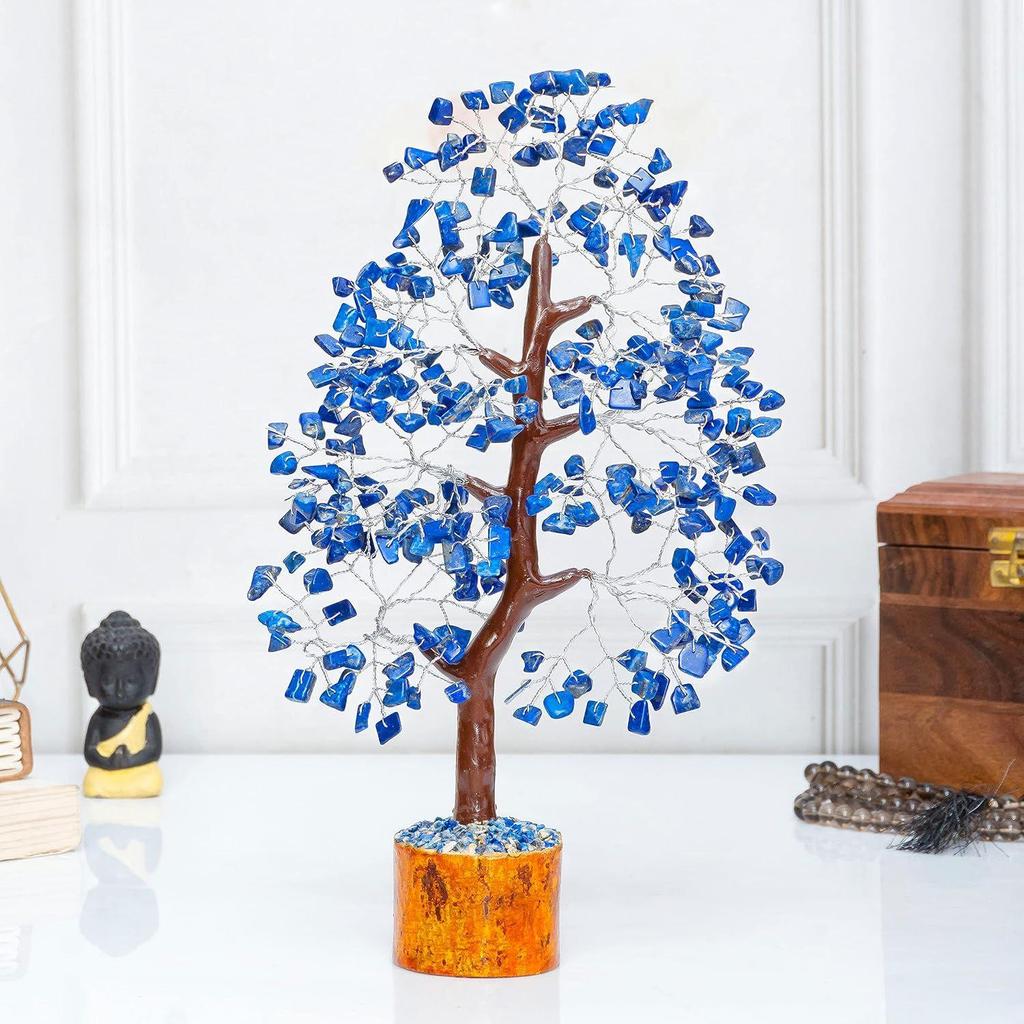 Lapis Lazuli Crystal Tree Home Decor Showpieces for Good Luck Money Crystal Tree Gift Items Office Bedroom Decor Wedding Gift, Silver Wire, 10-12 inch
