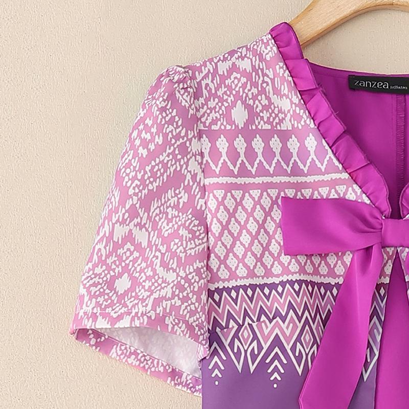 ZANZEA Женское платье с принтом, пэчворк, V-образным вырезом, летнее, повседневное, с коротким рукавом