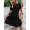 Summer Women Dress Hollow Out Pleated A-line O Neck Short Horn Sleeves Midi Dress Patchwork Solid Color Big Swing Lady Dress
