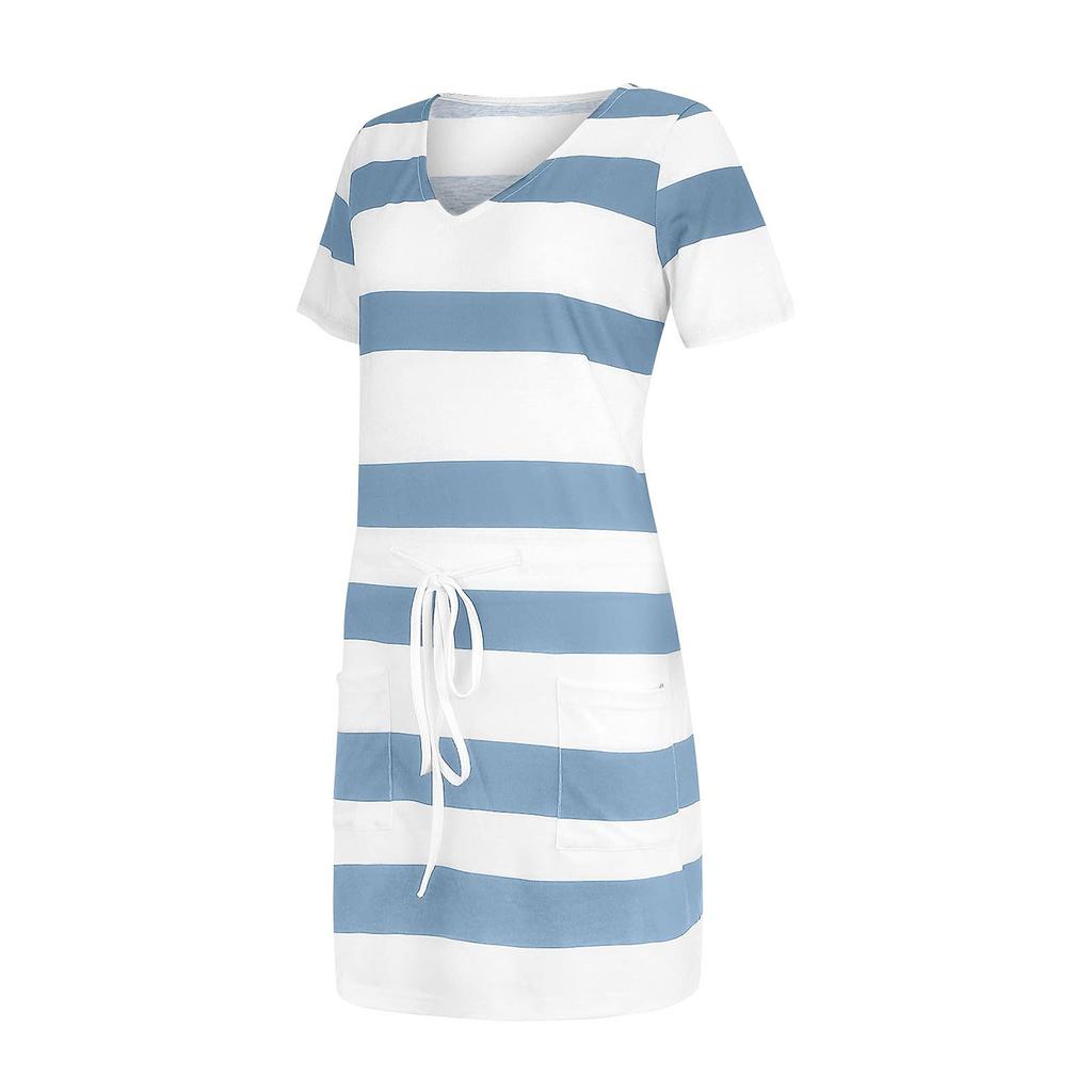 YYFS Women's Fashion Summer Spring Colour Block Print Short Sleeve V-Neck High Waist Casual Dresses