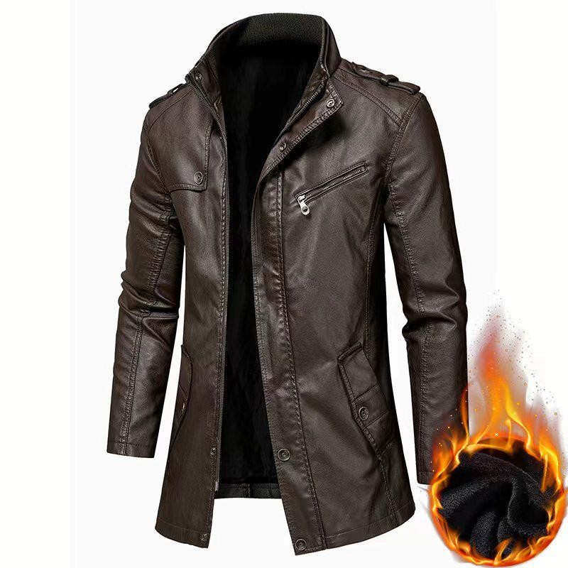 Мужская модная ветрозащитная кожаная куртка длинного кроя со стойкой