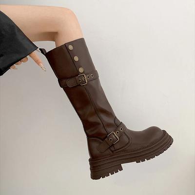 Винтажные женские рыцарские ботфорты до колена, элегантные туфли с пряжкой на ремне, лаконичный каблук-платформа, длинные женские боты