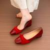 Thick Heel Fairy Patent Leather Bow Single Shoes Light Mouth Square Head Commuting Splicing Low Heel Shoes Gentle Red Nude