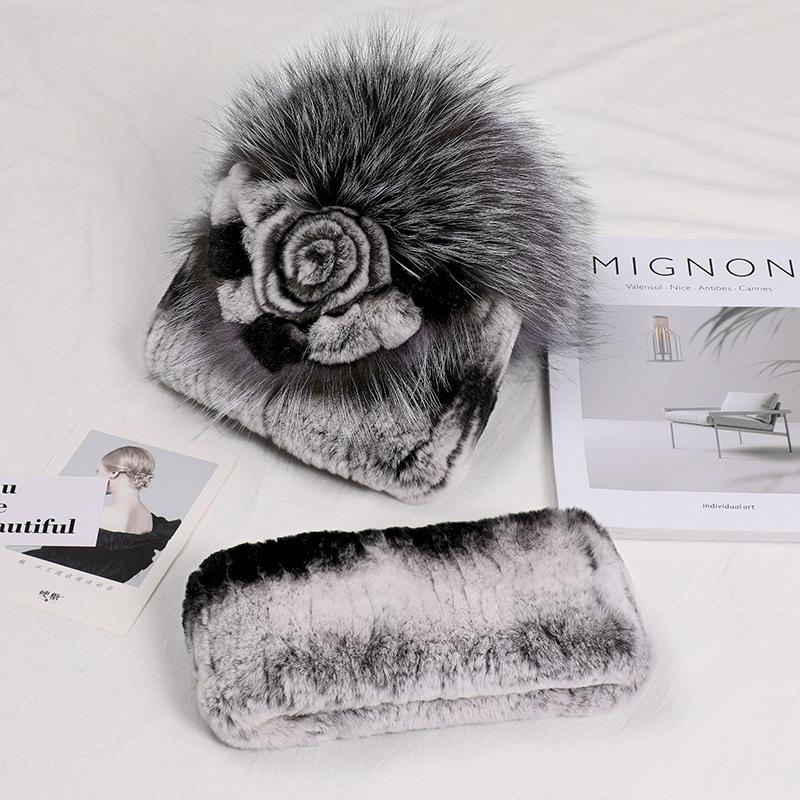 Real Rex Rabbit Fur Hat Women Winter Thickened Ear Protection Caps Knitted Scarf Hat Set Natural Fur Hat With Fox Fur Balls