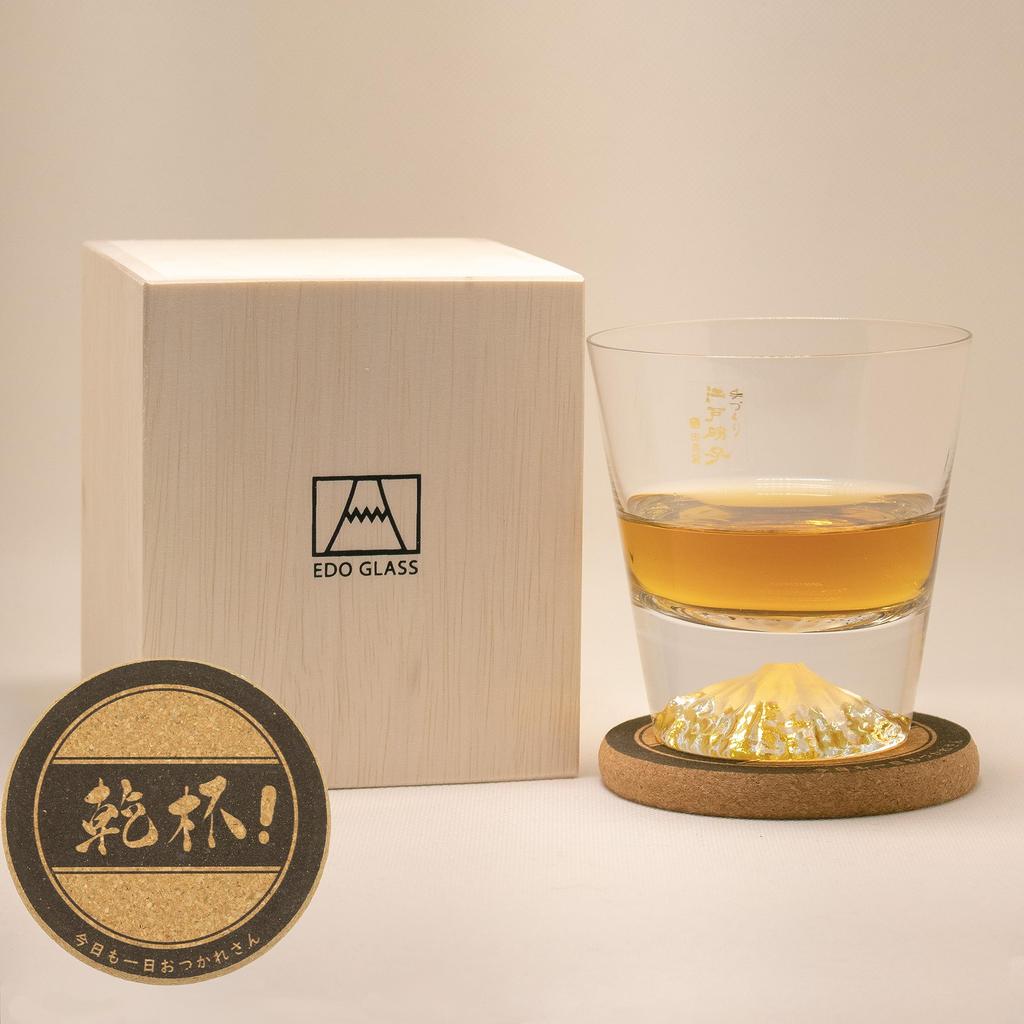 Tajima Glass Japanese Handmade Fuji Rocks Glass with Coaster Authorized Distributor Wedding Gift Beer Japanese Sake Whiskey Day Day Respect for the