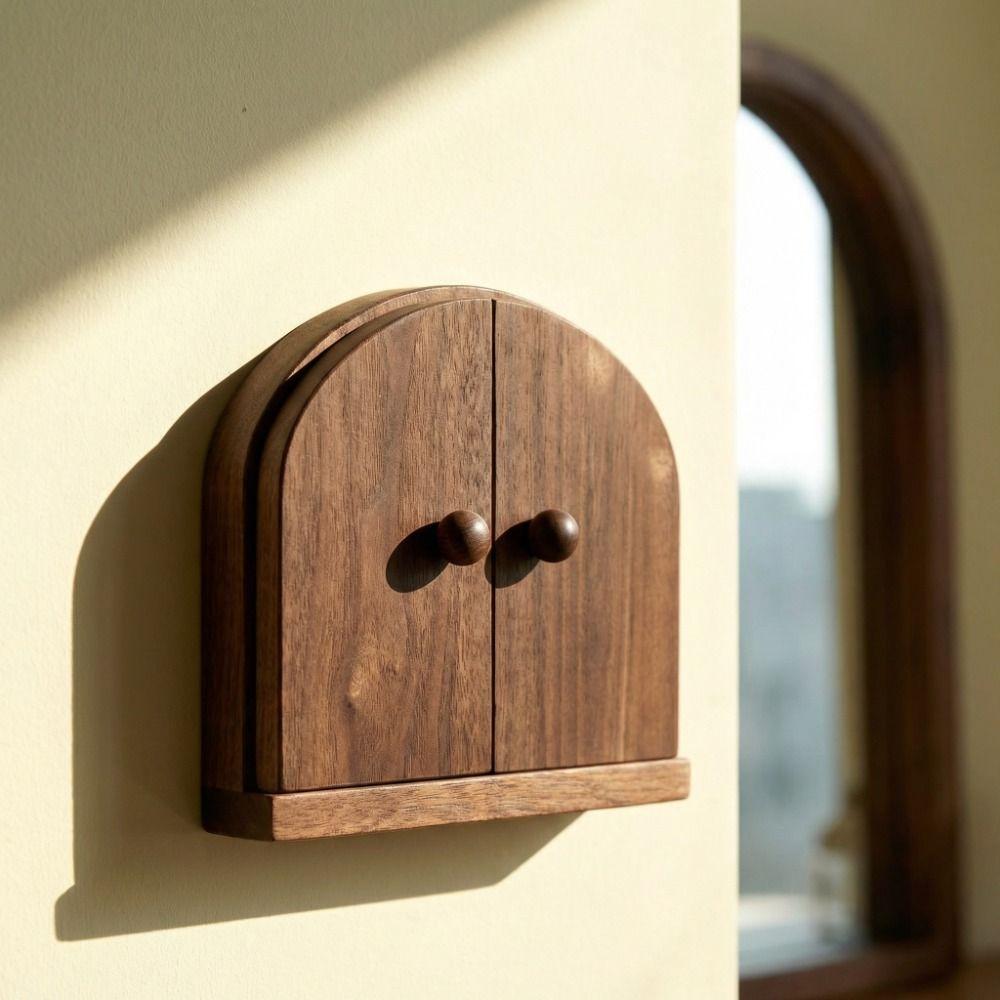 Rustic Style Solid Wood Switch Cover Double Door Design Switch Protector Living Room