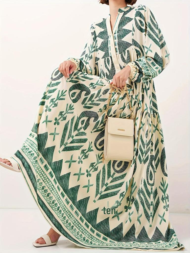 Elegant Green Modest Dress for Muslim Women – Soft, Comfortable, Long Printed Design