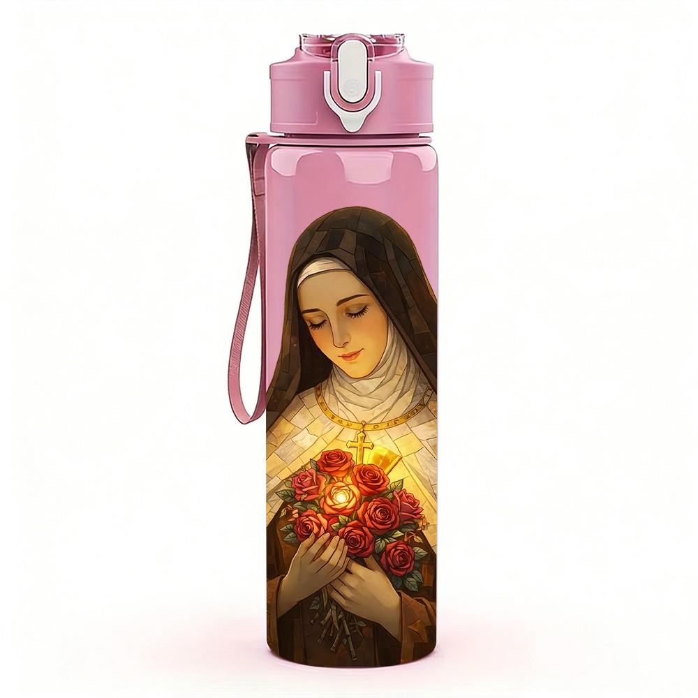 1PC Sacred Heart Nun Religious Print 750ml Color Plastic Sports Water Bottle Leakproof Flip Straw Lid Suitable for Sports Office Home Use