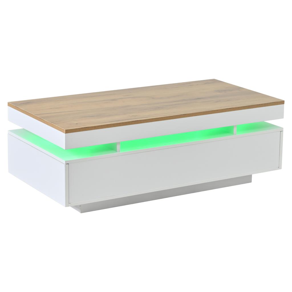 Кофейный столик 100 x 50 x 35 см с 2 ящиками, Прикроватный столик с LED-подсветкой, Высокий глянец, Журнальный столик, Столик для дивана, Столик для гостиной, Кофейный столик, Белый + Древесный тон