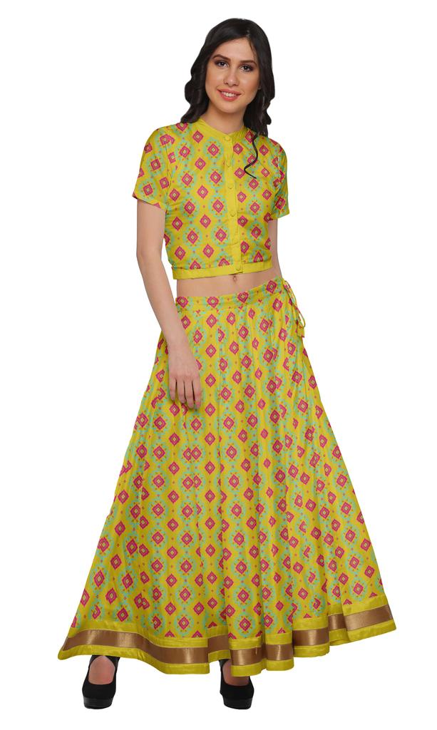 Moomaya Printed Indian Crop Top Skirt Sets Chanderi Women Ethnic Wear Plus
