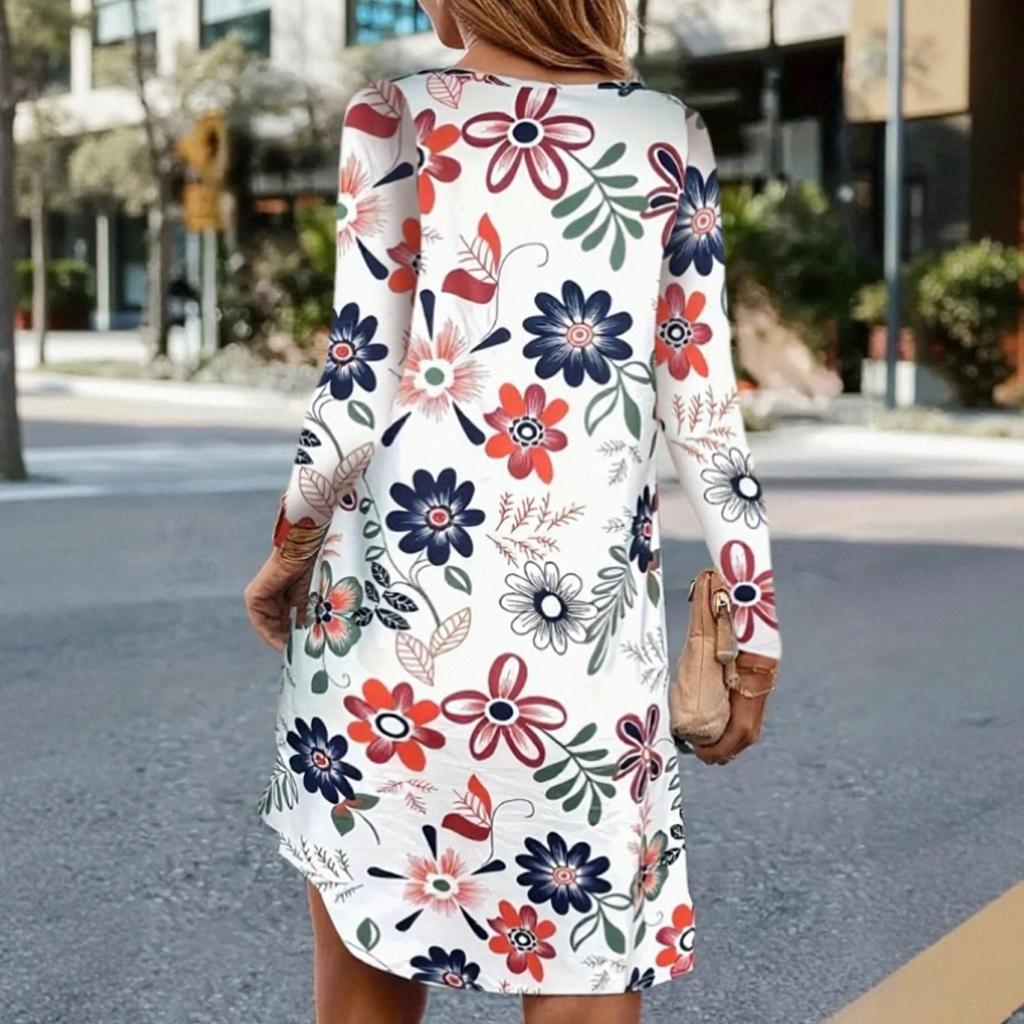 Женское модное ретро платье с принтом, круглым вырезом, повседневное, с длинным рукавом