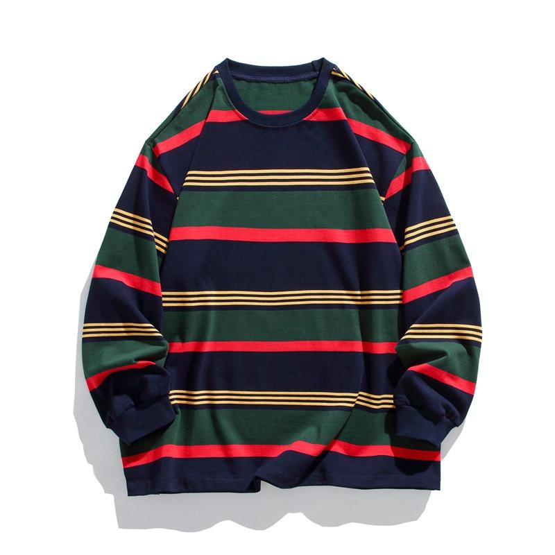 Весна и осень Новый мужской корейский стиль круглый вырез горловины контрастные цветные полосы 280г плотный длинный рукав круглый вырез свитер пара чистый хлопок топ