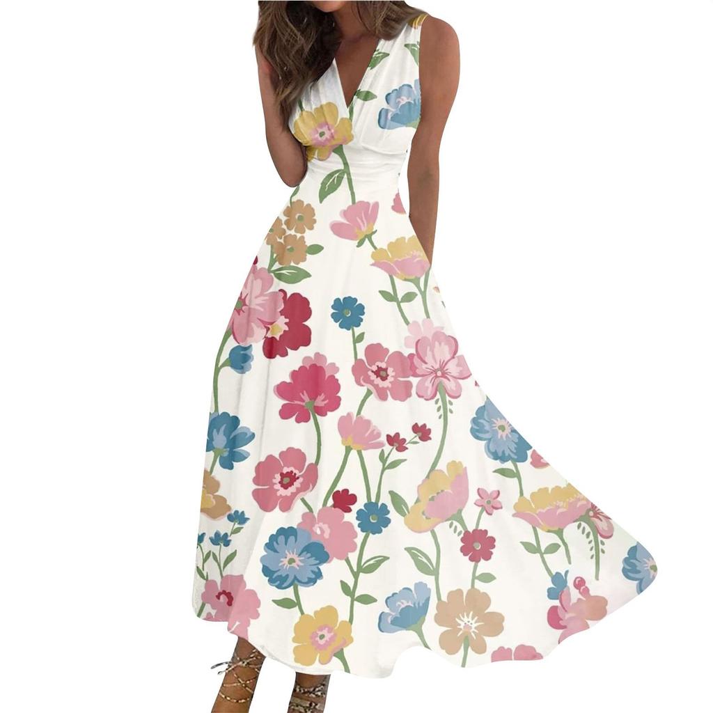 Женское длинное платье Платье макси Повседневное платье Летнее повседневное платье без рукавов с v-образным вырезом в стиле бохо с талией и принтом