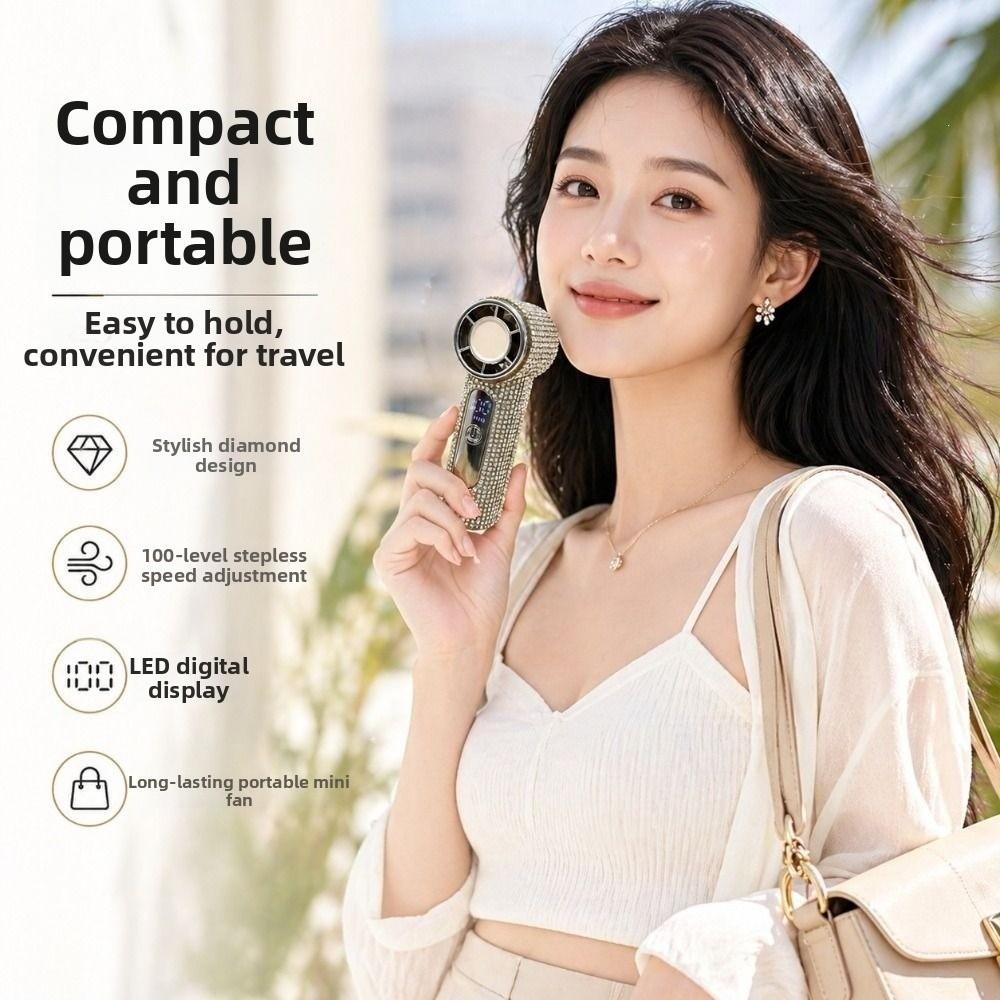 Sparkling Mini Cooling Fan Long-Lasting Portable Hand Fan Rhinestone Handheld Fan Travel Use